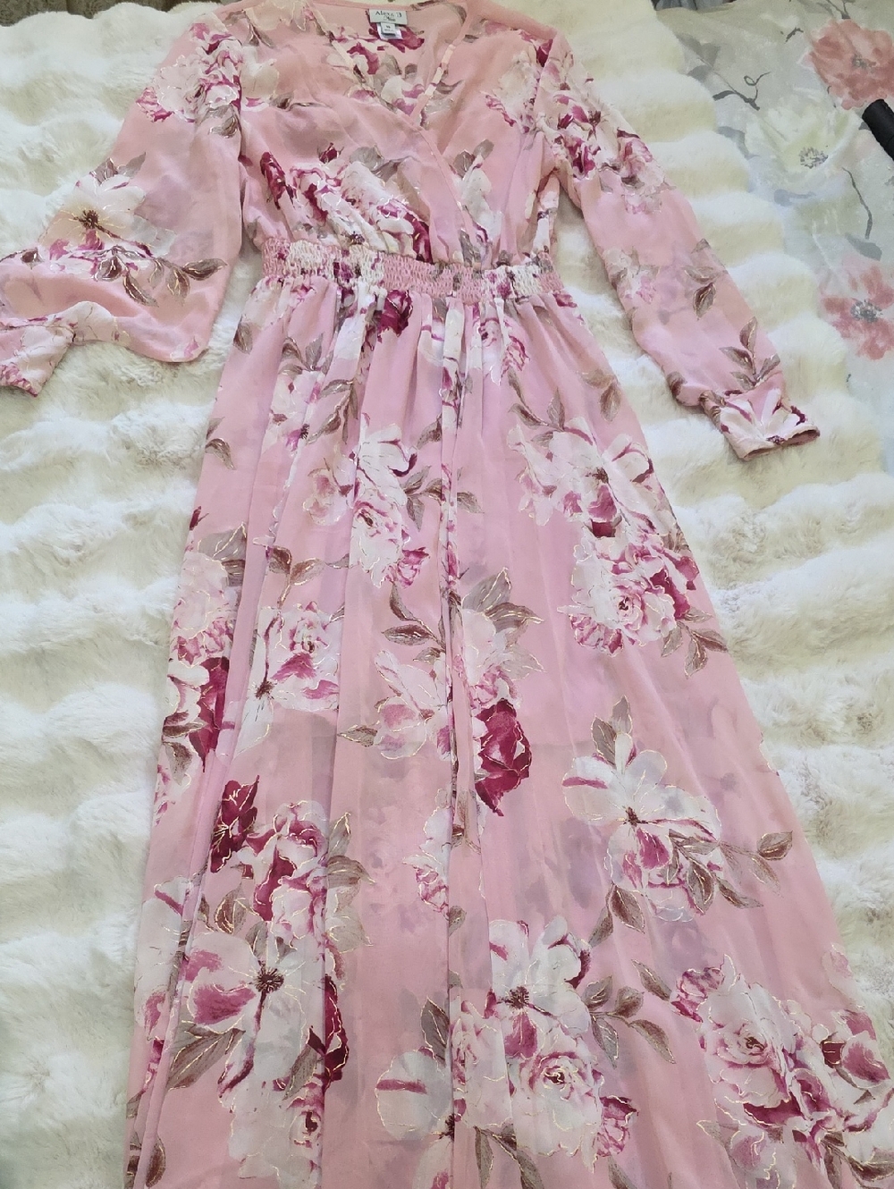 Floral Pink Maxi Dress - Elegant Long Sleeve Wrap Style